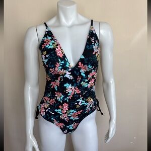Joe Fresh - floral gold leaf one piece plunge swimsuit. Size medium. Like new